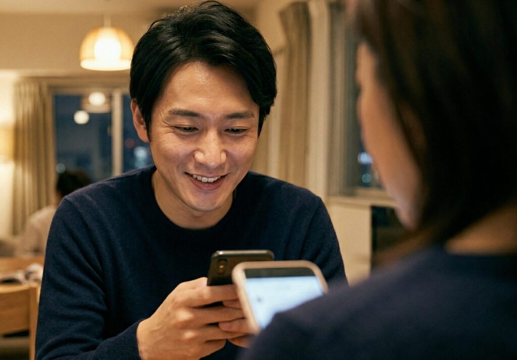 30代の日本人男性が夜の室内でスマートフォンを見ながら少し嬉しそうに微笑んでいるシーン。
