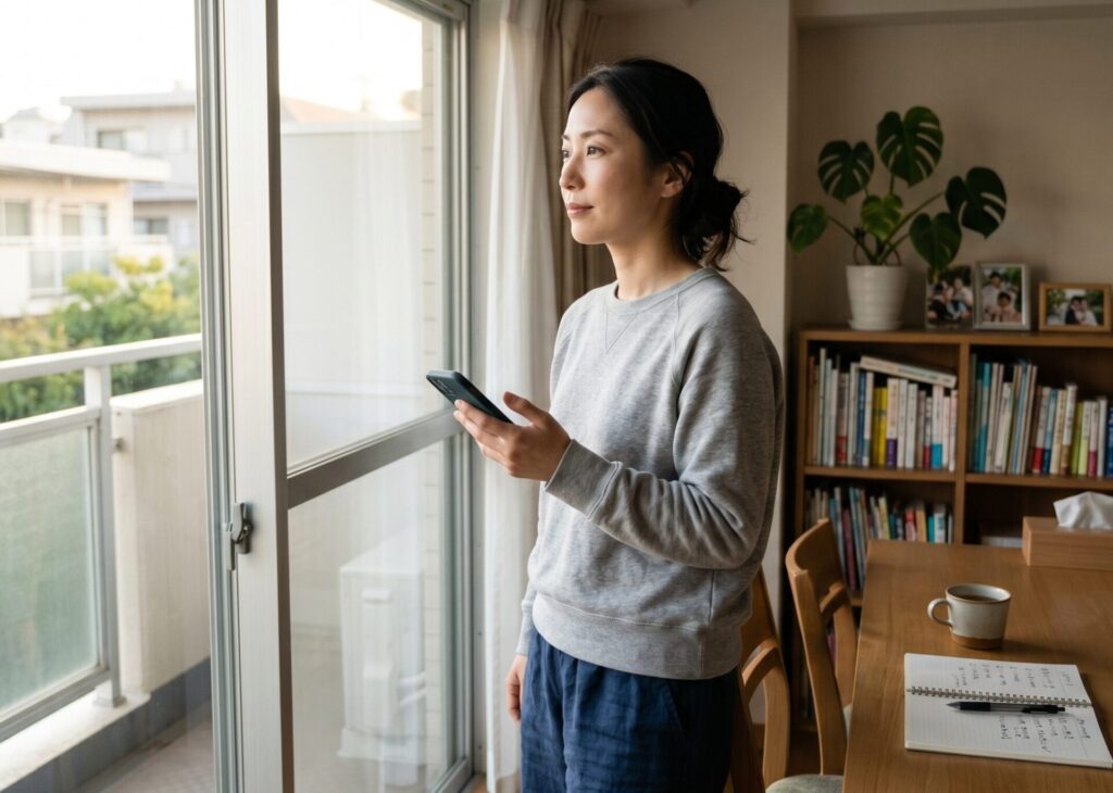 30代の日本人女性が自宅の窓際や玄関付近でスマートフォンを手にしながら、落ち着いた表情で前を見ているシーン。