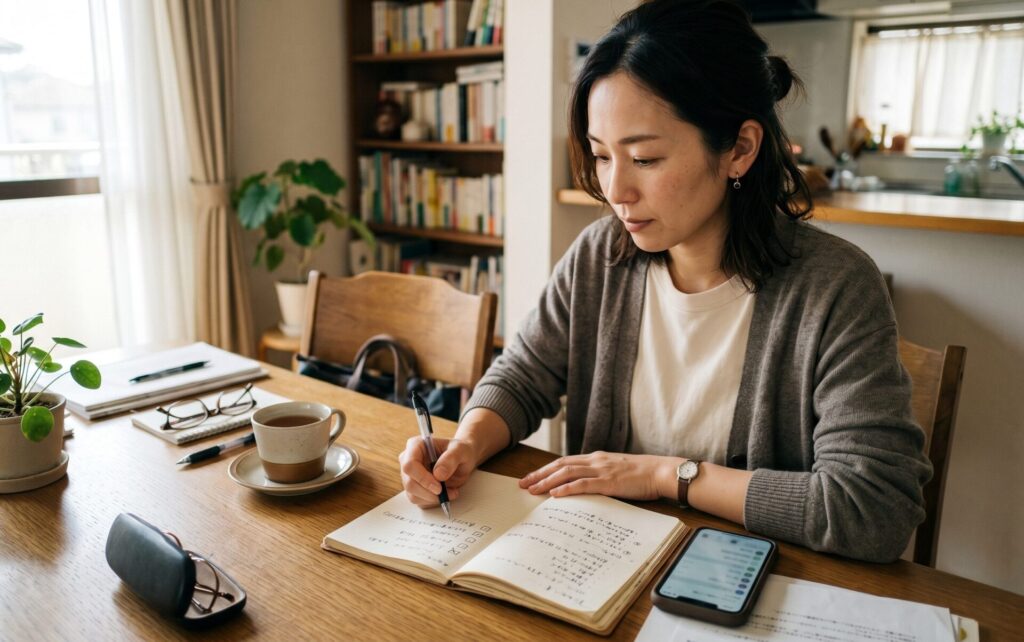 30代の日本人女性が自宅のテーブルでノートとスマートフォンを使いながら何かを確認・整理しているシーン。