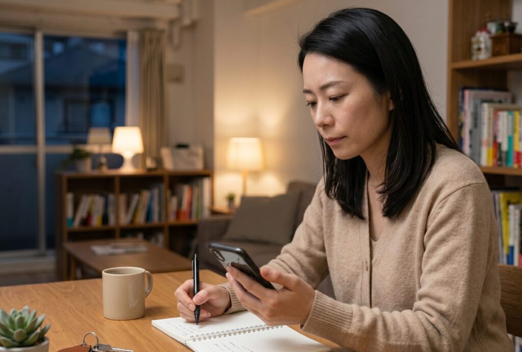 30代の日本人女性が自宅のテーブルで一人、スマートフォンとメモ帳を見ながら考えているシーン。