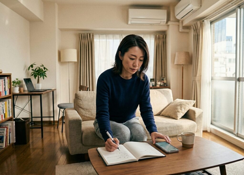 ノートに書きながら浮気の状況を整理する日本人女性