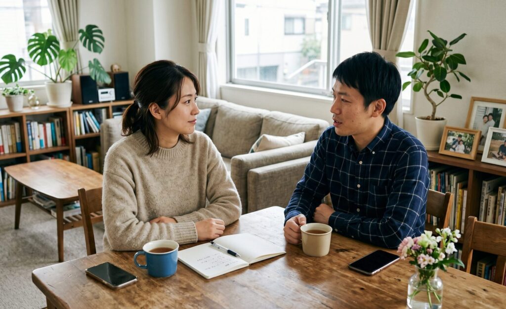 30代の日本人女性と男性が自宅のリビングやダイニングで落ち着いて会話しているシーン。
