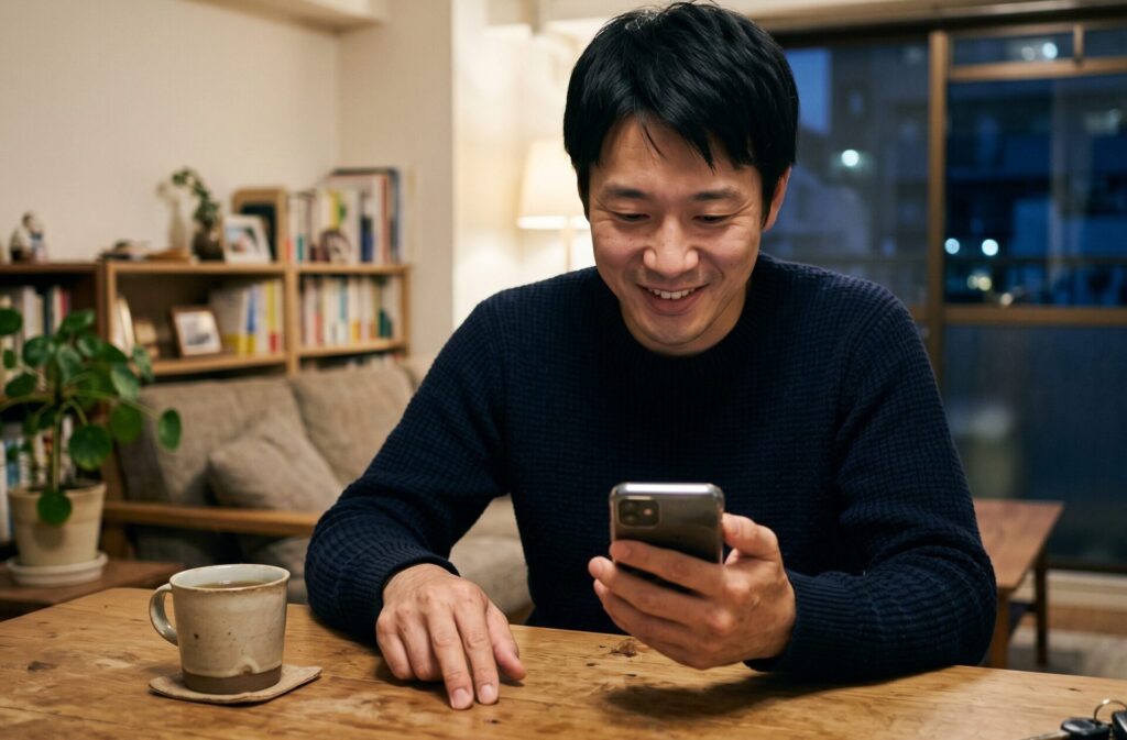 30代の日本人男性が室内でスマートフォンを見ながらメッセージを打っているシーン