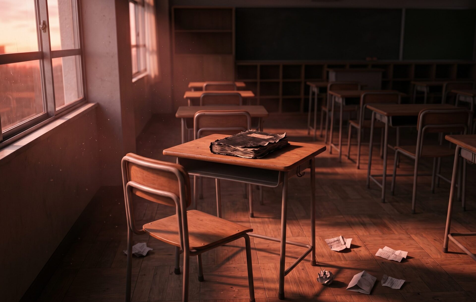 日本の高校の、放課後の静まり返った教室の一角
