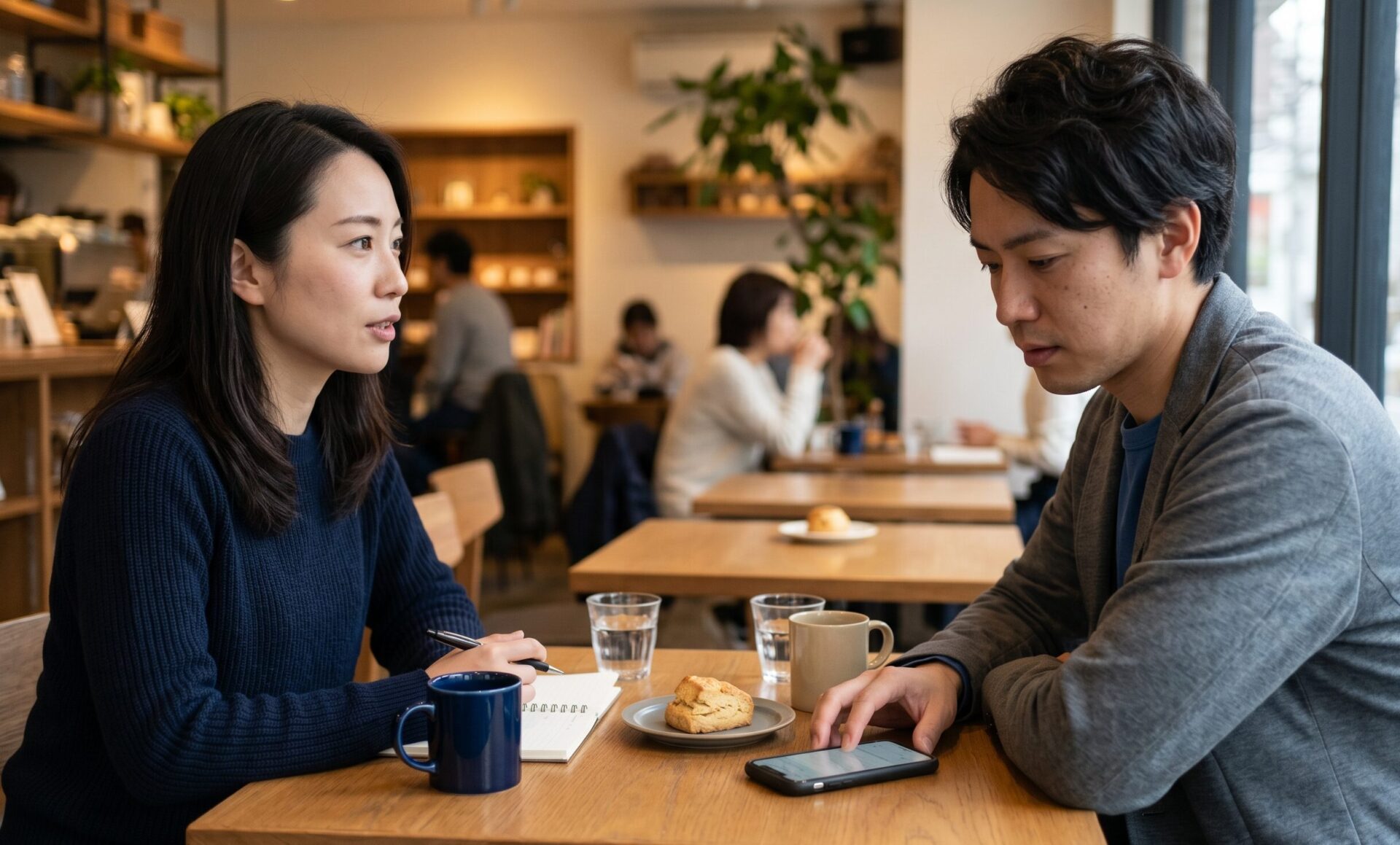 30代の日本人女性がカフェや自宅のテーブルで向かいに座る男性と会話しているシーン。女性は落ち着いた表情で相手を見ながら話しており、男性は少し視線を逸らしながらスマートフォンを気にしている。