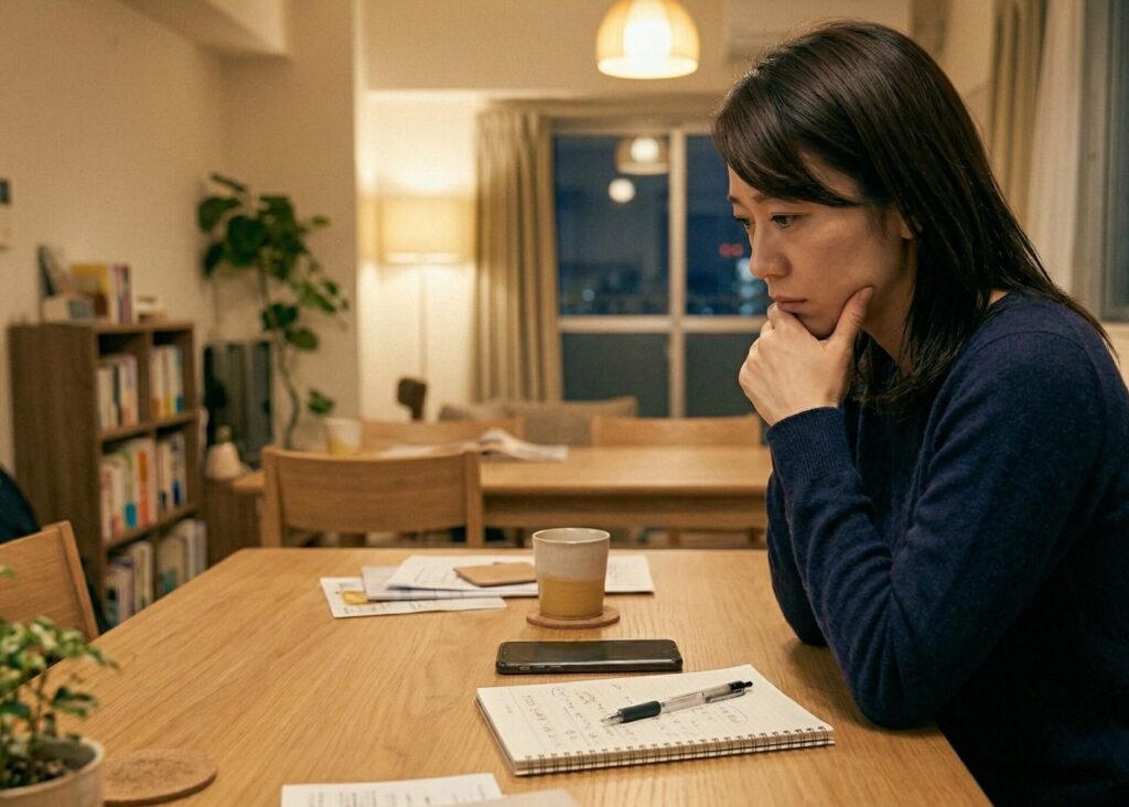 30代の日本人女性が自宅のリビングやダイニングテーブルで一人、スマートフォンやノートを前にして深く考え込んでいるシーン。表情は悲しさと迷いが混ざったような自然な表情で、感情を強く出しすぎずリアルな雰囲気。