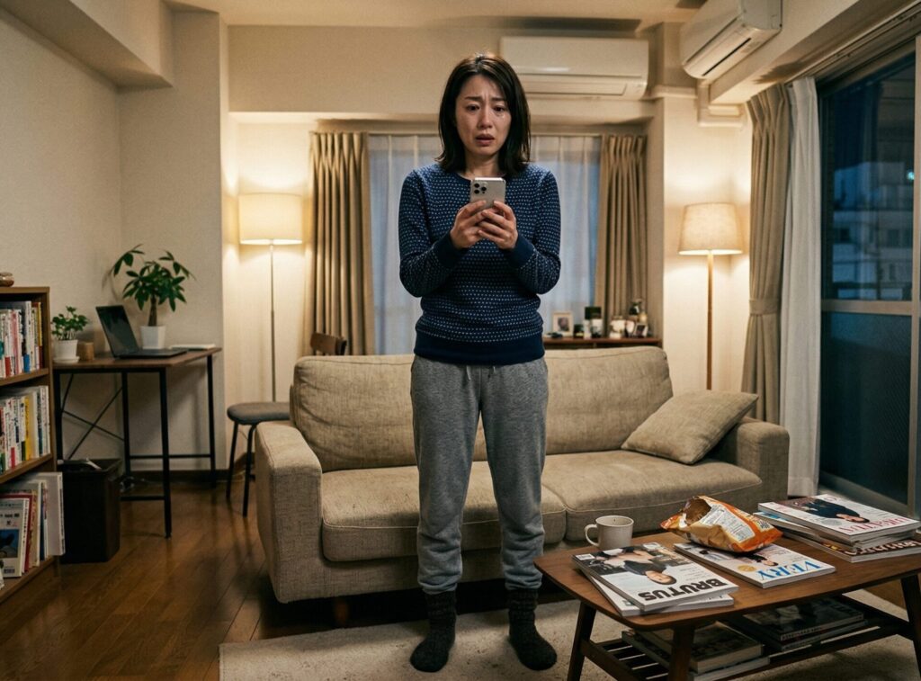 スマートフォンを見て浮気を知りショックを受ける日本人女性の様子