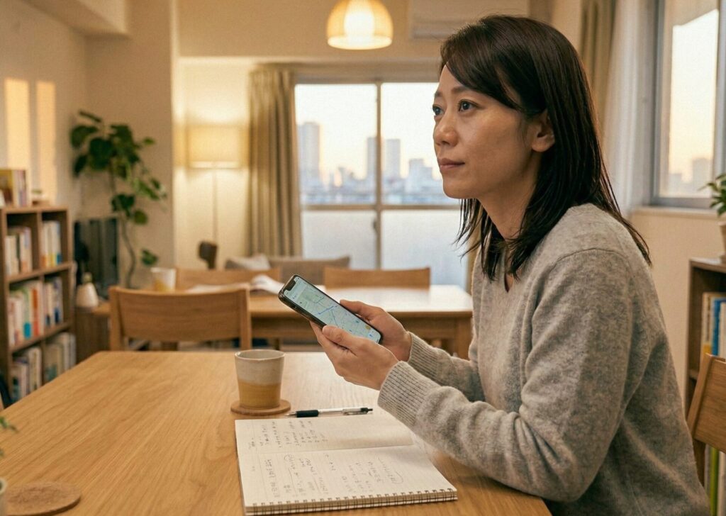 30代の日本人女性が自宅のリビングや窓際で、スマートフォンを手にしながら少し前向きな表情で考えているシーン。完全に笑顔ではなく、不安を乗り越えて決断しようとしている自然な表情。
