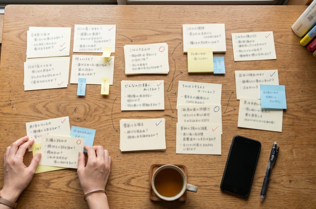 自宅のテーブルの上に、複数のメモカードや付箋がランダムに並んでいるシーン。