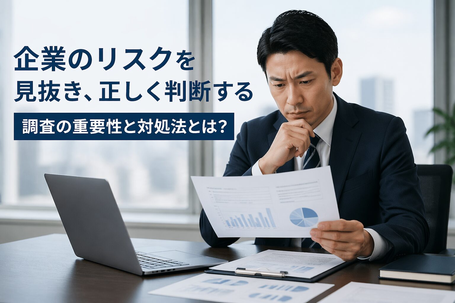 オフィスで資料とノートパソコンを確認しながら、企業リスクや社員の状況を分析している日本人ビジネスマンの様子