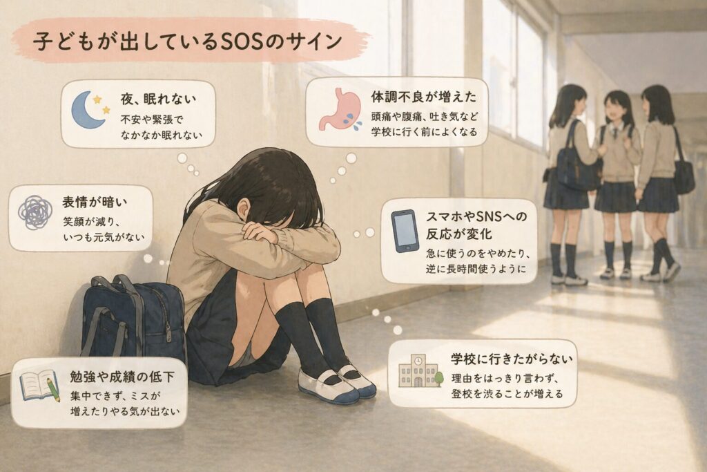 学校の廊下で一人で座り込み落ち込んでいる人物と、離れた場所で話しているグループの対比から孤立や変化のサインを表したイラスト
