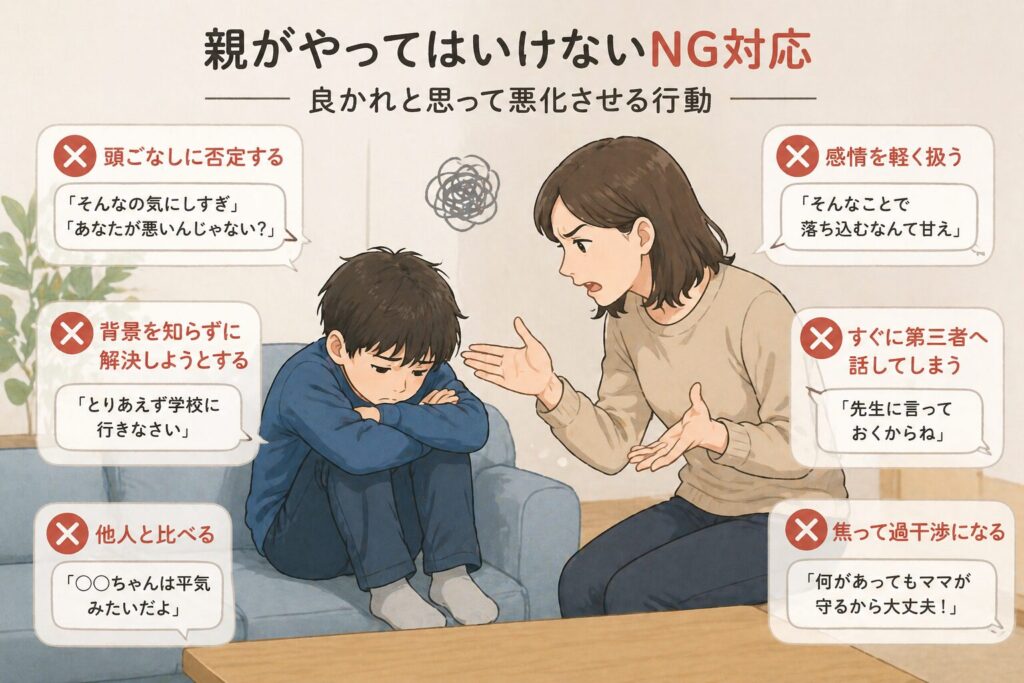 落ち込んでいる子どもに対して親が感情的に話している様子から、対応の仕方によって関係が悪化する可能性を表したイラスト