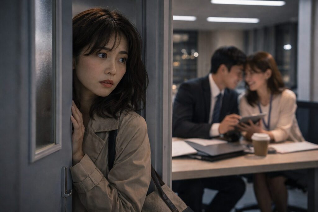 オフィスのドア越しに同僚の男女の親密な様子を見ている日本人女性。職場での関係の変化や不倫の兆候をイメージしたシーン