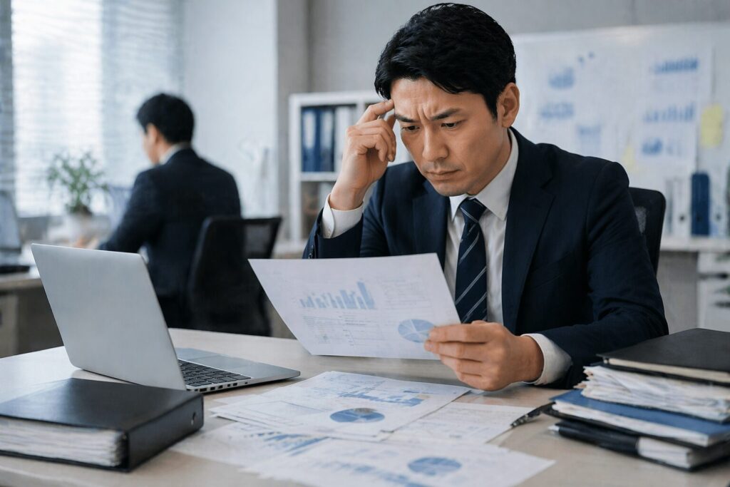 オフィスで資料を確認しながら企業内の異変やトラブルに気づき、状況を分析している日本人ビジネスマンの様子