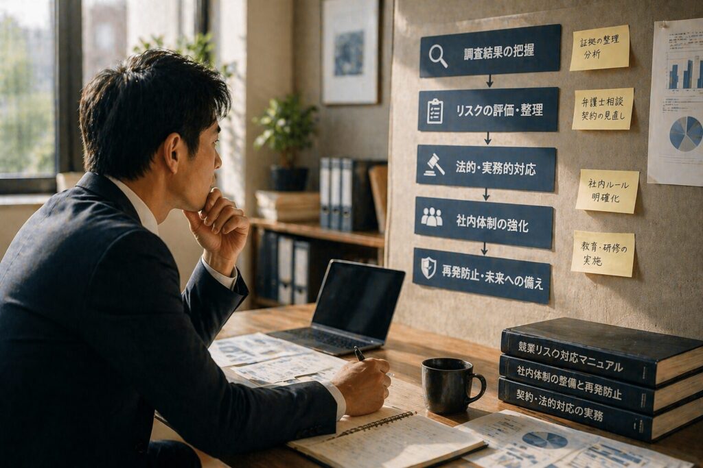 オフィスで資料を見ながら、企業調査後の対応や対処法について整理し今後の行動を検討しているビジネスパーソンの様子