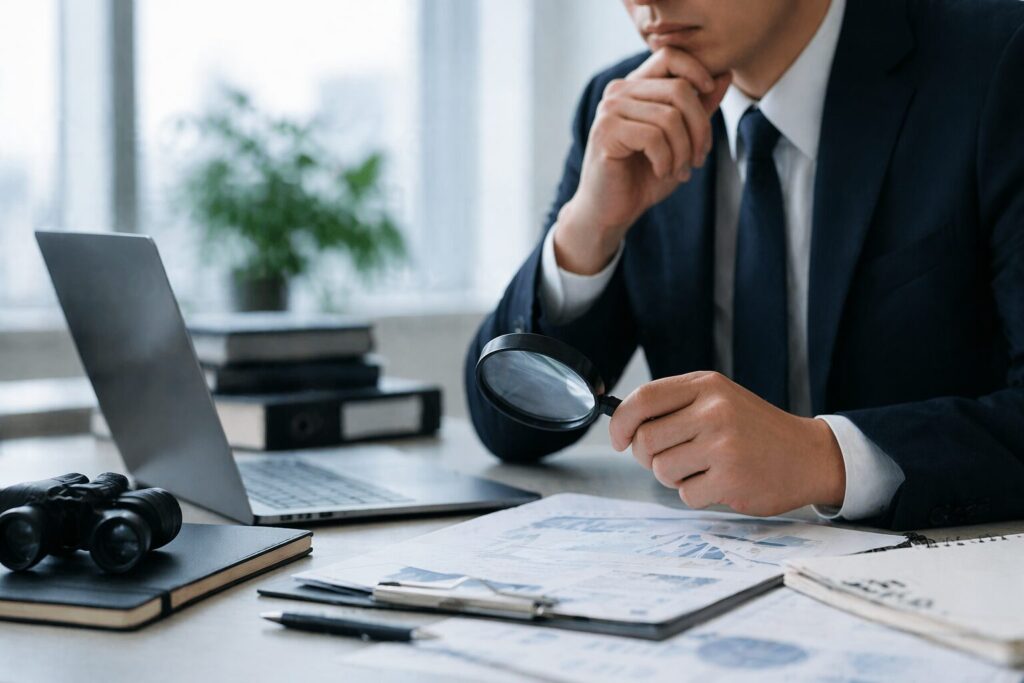 オフィスで資料とノートパソコンを確認しながら、企業の素行調査や人探しに関する情報を分析しているビジネスマンの様子