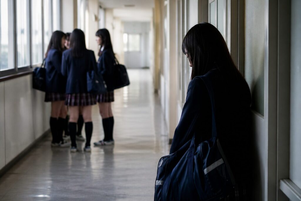 学校の廊下でグループから距離を置かれ一人で壁にもたれている人物の様子から、周囲には見えにくい孤立と関係の悪化を表した場面