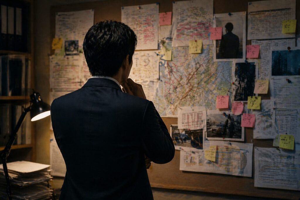 企業内のトラブルや不正の兆候を見抜くために、複数の情報を整理し分析しているビジネスパーソンの様子