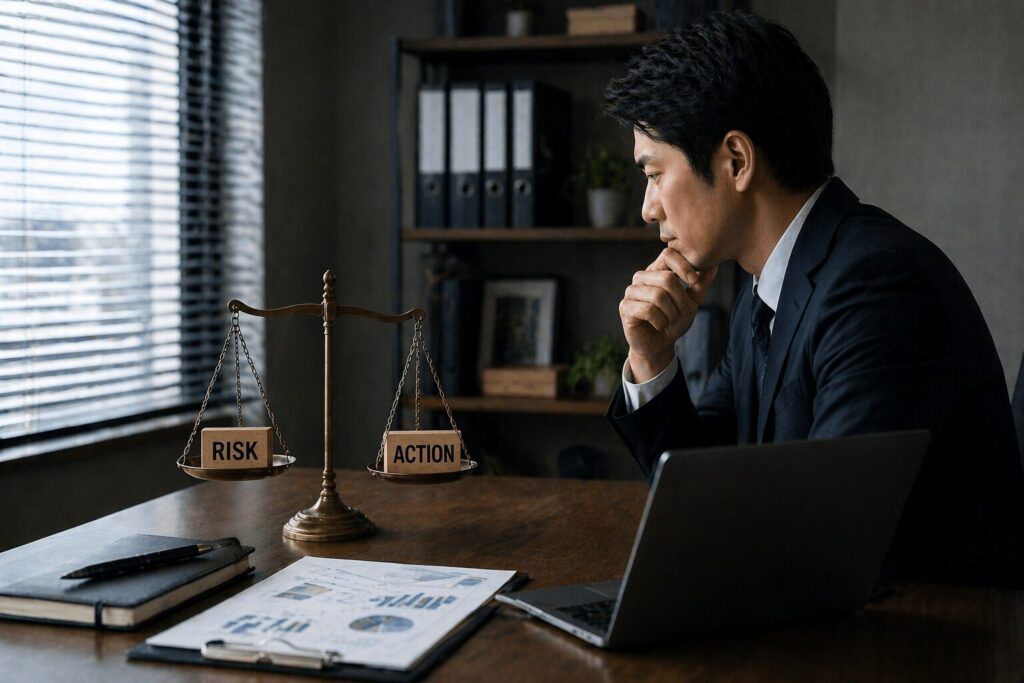 オフィスで状況を見極めながら、企業リスクと対応の判断について慎重に考えているビジネスパーソンの様子