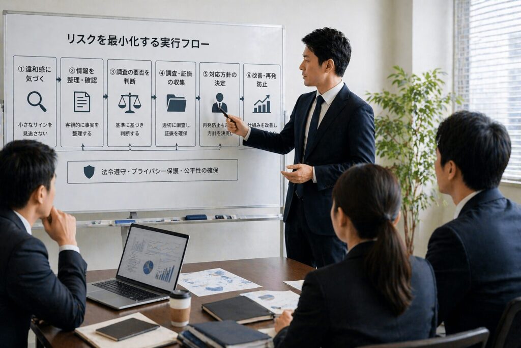 オフィスで複数のビジネスパーソンが集まり、企業リスクへの対応方針や実行フローについて打ち合わせを行っている様子