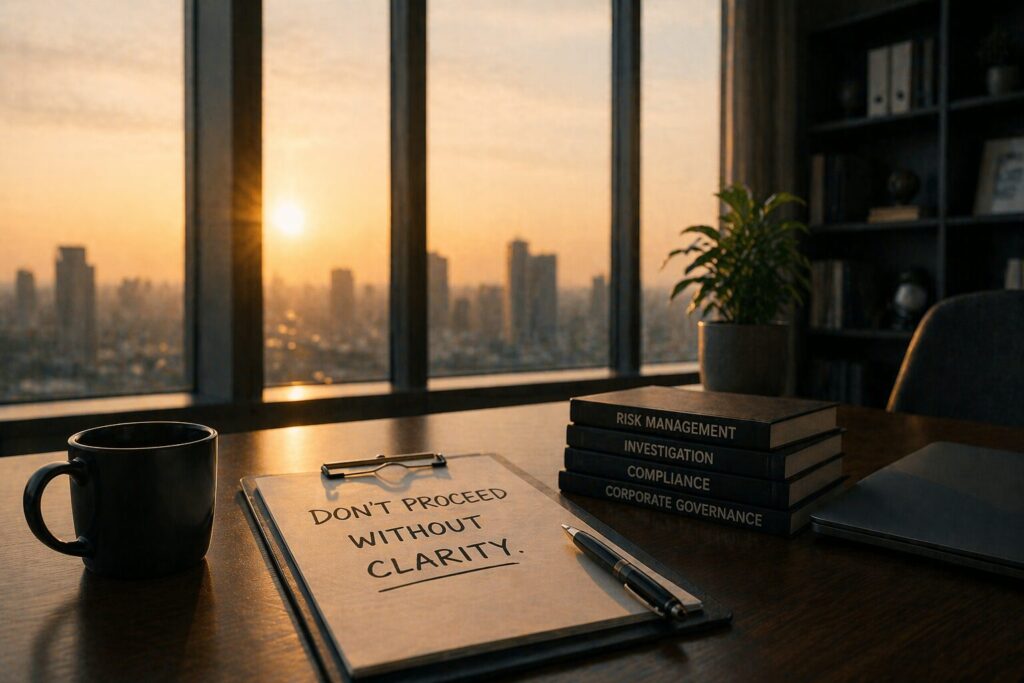 オフィスのデスクで資料や書籍を前に、企業リスクについて整理し最終判断を行おうとしているビジネスパーソンの様子