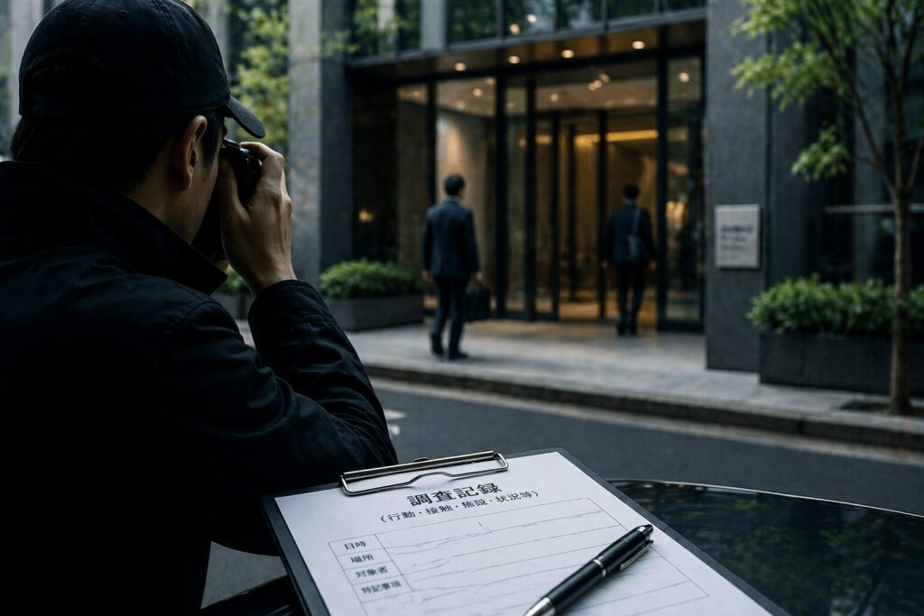 企業の建物前でカメラを使いながら出入りする人物を観察し、潜入調査や独立調査の情報を記録している様子