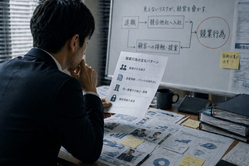 オフィスで資料やデータを確認しながら、企業における競業行為や違反パターンを分析しているビジネスパーソンの様子