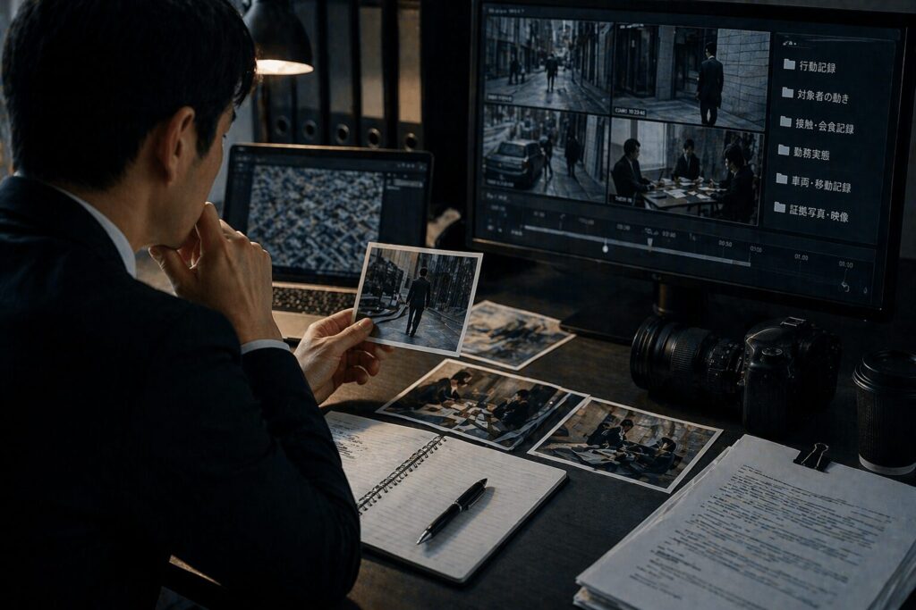 オフィスで写真やデータを確認しながら、潜入調査によって得られた証拠や情報を分析しているビジネスパーソンの様子