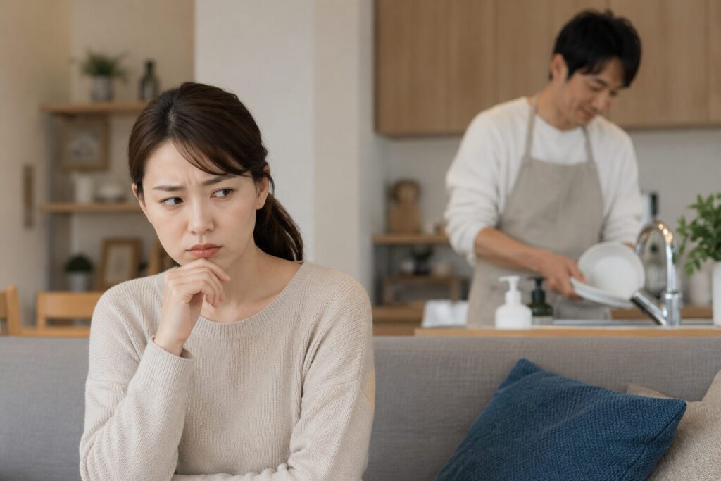 家事をする旦那を見ながら、不安そうな表情で考え込む日本人女性の様子。急に家庭的になった夫への違和感や、不倫を疑う妻の心理を表現した写真風イメージ。