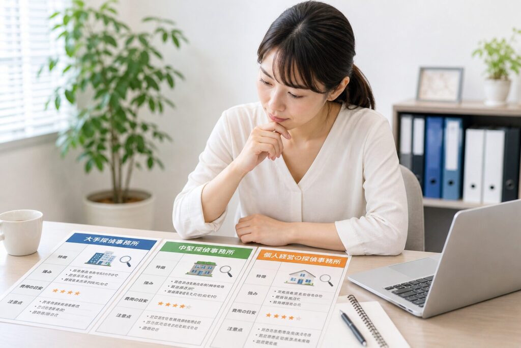 東京都の探偵事務所をタイプ別に比較しながら選び方を検討しているイメージ