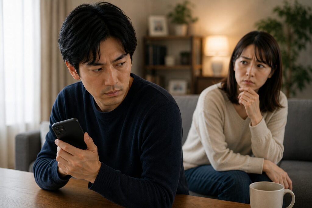 スマホを隠すように持ちながら警戒した表情を見せる日本人男性と、その様子を疑いながら見つめる女性の姿。浮気を確信できないまま違和感を抱える夫婦間の空気感と、探偵現場で多い“スマホへの警戒行動”を表現した写真風イメージ。