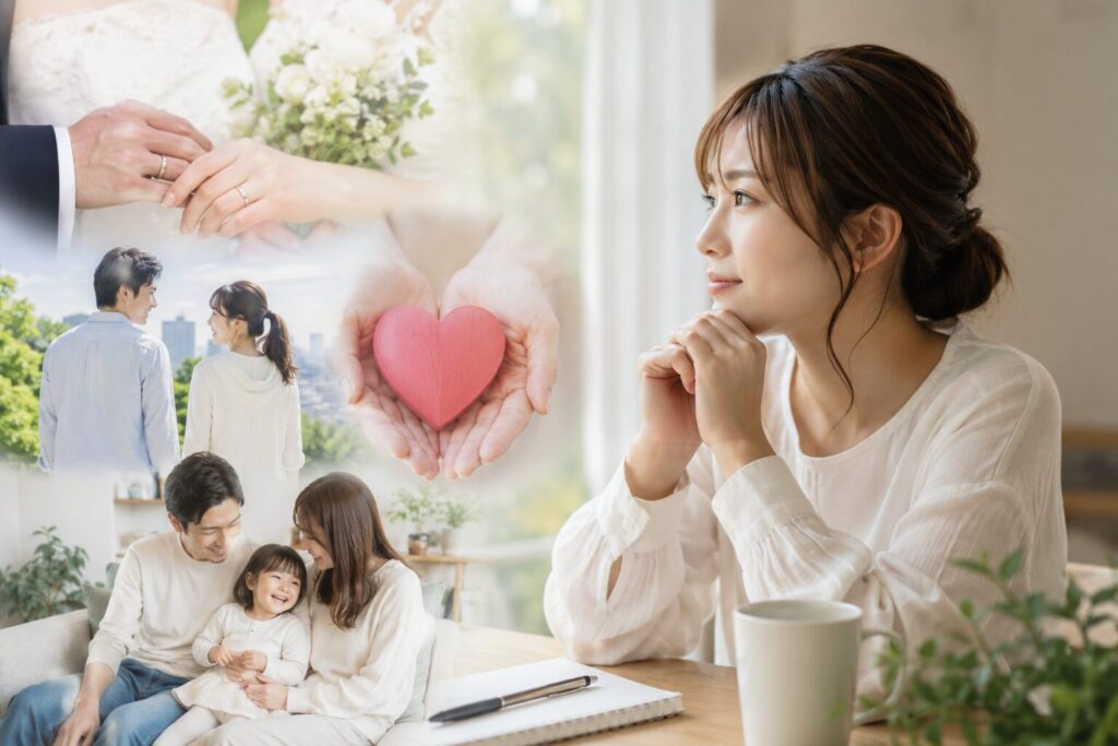 将来の結婚生活や家族の幸せを思い描きながら穏やかな表情で考え込む日本人女性の姿。結婚・夫婦・家族・安心感を連想させるシーンが重なり、婚前調査を通して“本当に守りたい人生や幸せ”を表現した写真風イメージ。