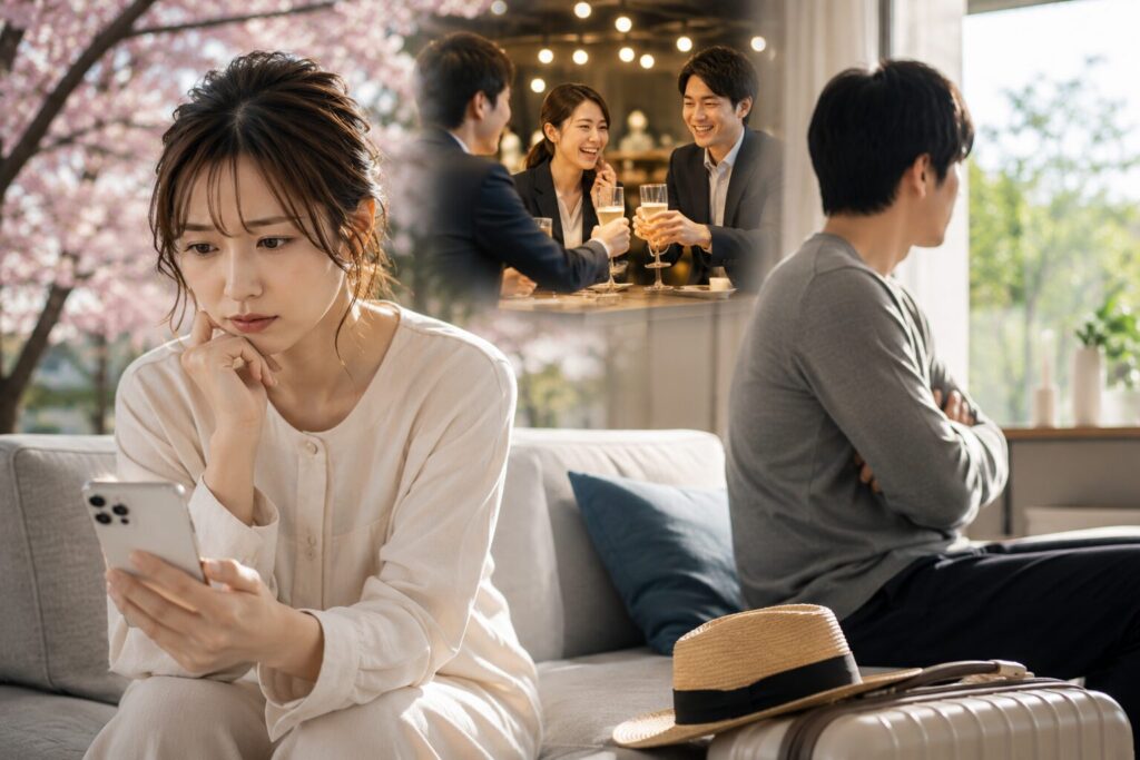 GW明けにパートナーの変化へ違和感を抱きながらスマートフォンを見る女性のイメージ