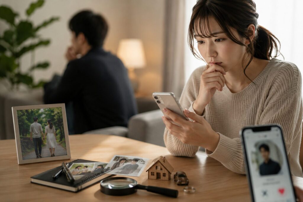 マッチングアプリで出会った男性に不安を抱えながらスマホを見る日本人女性の姿。テーブルには調査を連想させる写真や虫眼鏡が置かれ、結婚前に相手の素性や過去へ違和感を感じる“婚前調査”の不安感を表現した写真風イメージ。