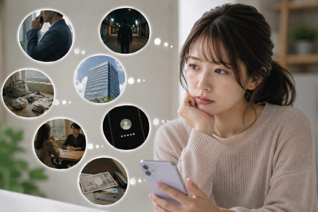マッチングアプリで出会った相手に違和感を抱えながらスマホを見る日本人女性の姿。周囲には勤務先・異性関係・金銭問題などを連想させるイメージが浮かび、結婚前に感じる不安や“見えない素性”への警戒感を表現した写真風イメージ。