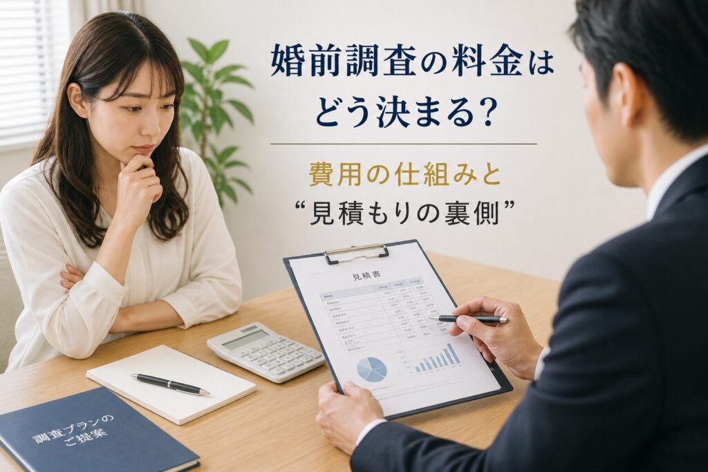 婚前調査の見積書を見ながら料金の仕組みについて説明を受けている女性の様子