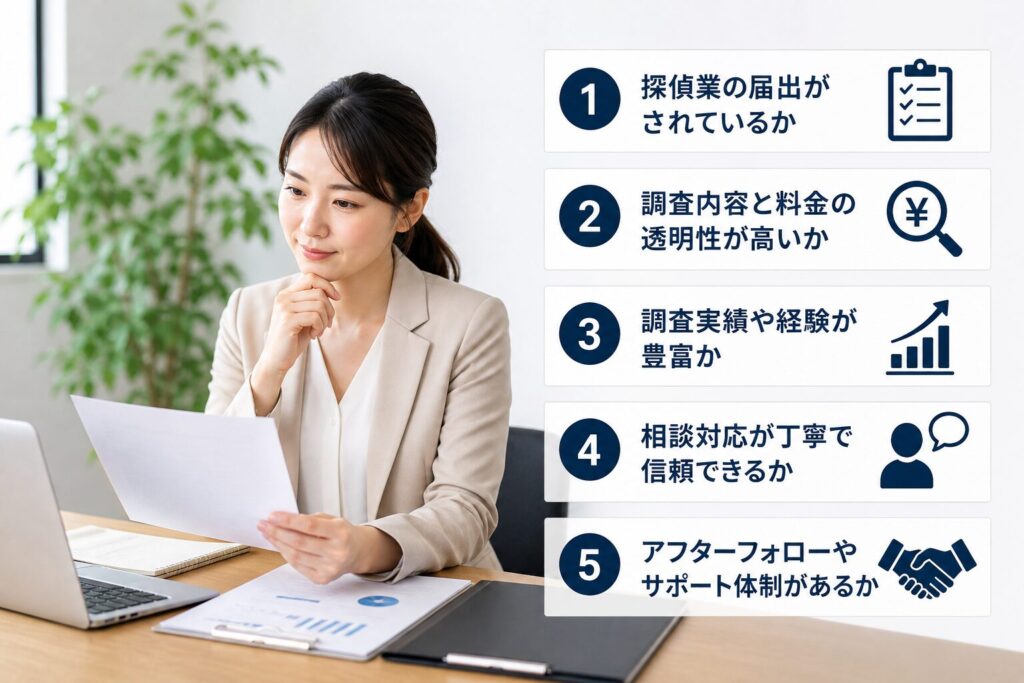 探偵事務所の選び方を比較検討しながら資料を確認している女性の様子
