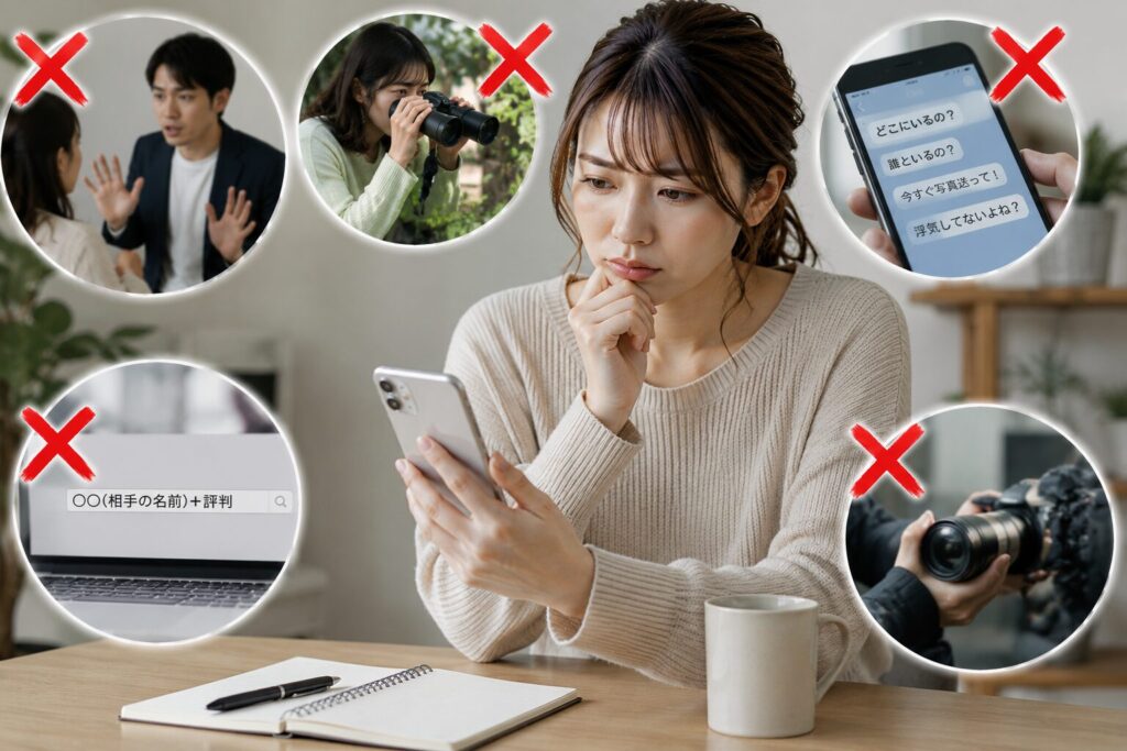 結婚前の不安を抱えながらスマホを見る日本人女性と、問い詰め・過度な詮索・無断調査など“やってはいけない行動”を連想させる場面が周囲に配置された写真風イメージ。婚前調査を考える際の冷静な判断の重要性を表現したビジュアル。