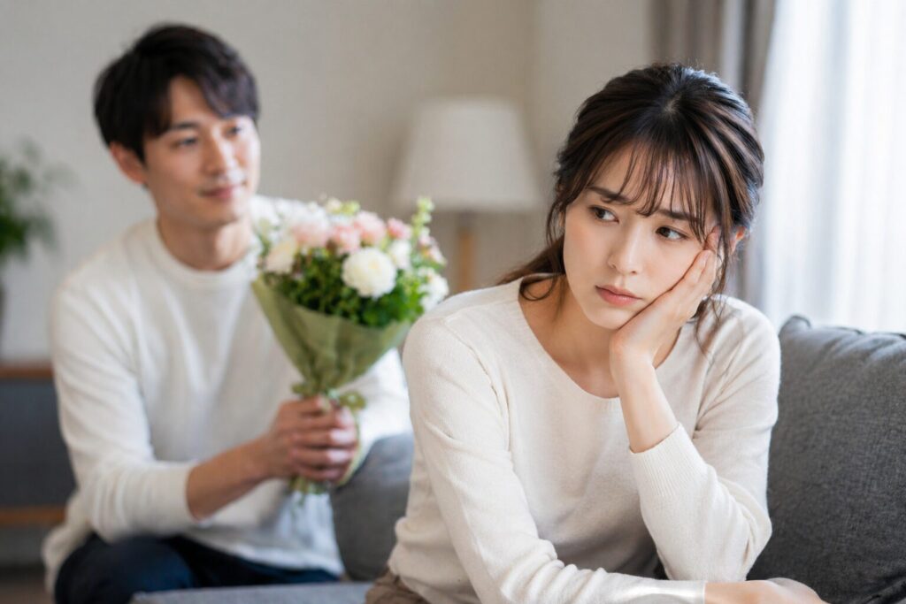 旦那から花束を渡されながらも、不安そうな表情で視線を逸らす日本人女性の様子。不倫や夫婦間の違和感、急に優しくなった旦那への不信感をイメージした写真風画像。