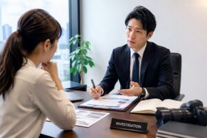 探偵事務所のオフィスで依頼者が担当者から調査内容の説明を受けている相談シーン