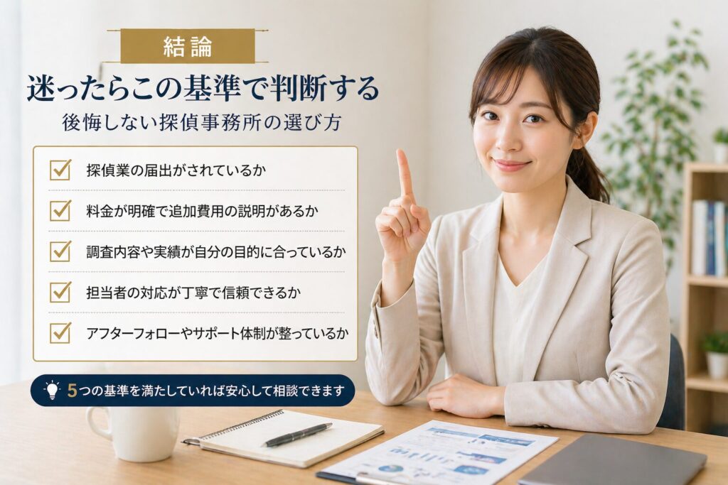 探偵事務所の選び方の基準を整理しながら最適な判断を考えているイメージ