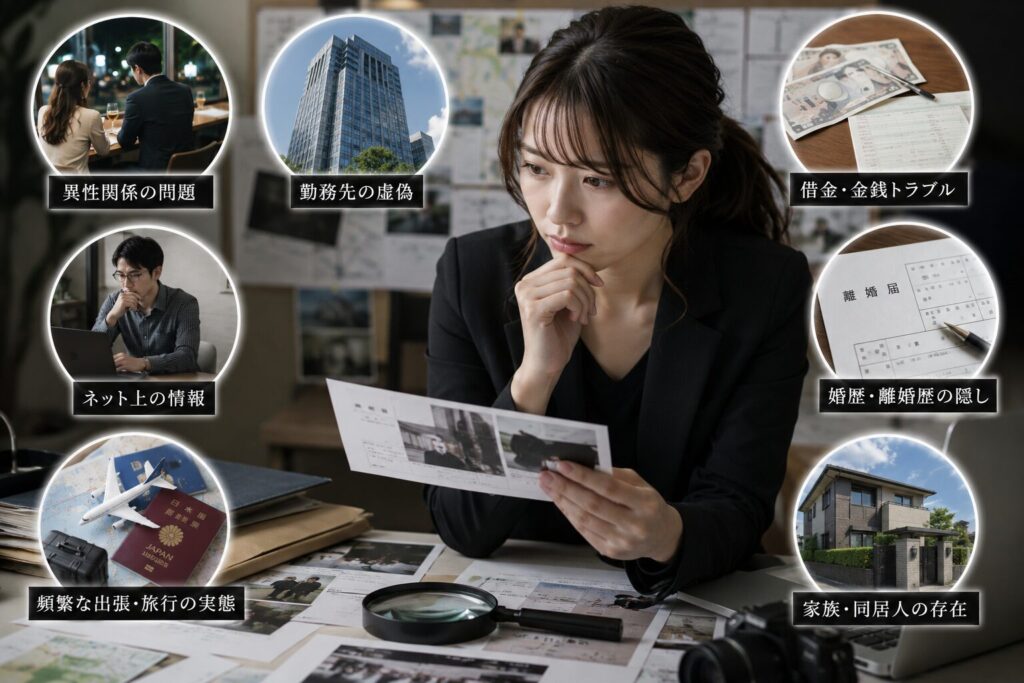 婚前調査の資料や写真を確認しながら考え込む日本人女性の姿。周囲には勤務先詐称・借金問題・異性関係・離婚歴隠しなどを連想させるイメージが配置され、探偵現場で実際に発覚するケースや結婚前の不安を表現した写真風イメージ。