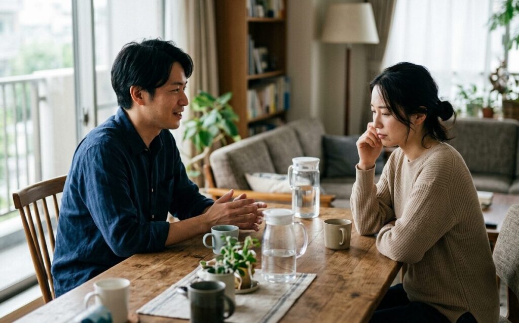 結婚前に違和感を感じながらも相手を信じて判断に迷っている女性の様子
