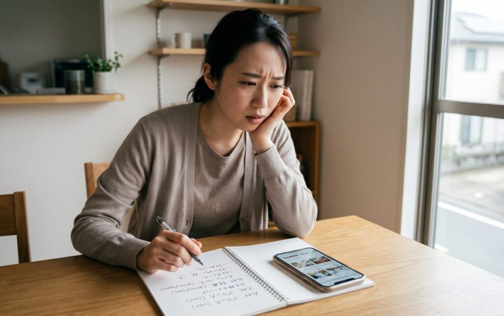 結婚について判断に迷いながら情報を整理している女性の様子