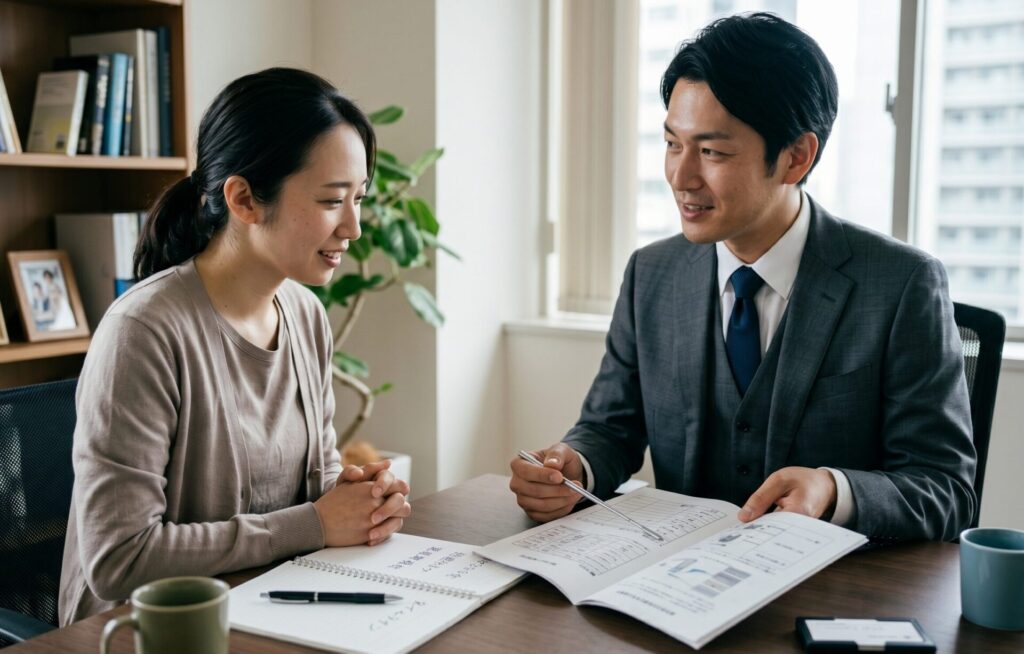 婚前調査の流れについて担当者から説明を受けながら相談している様子