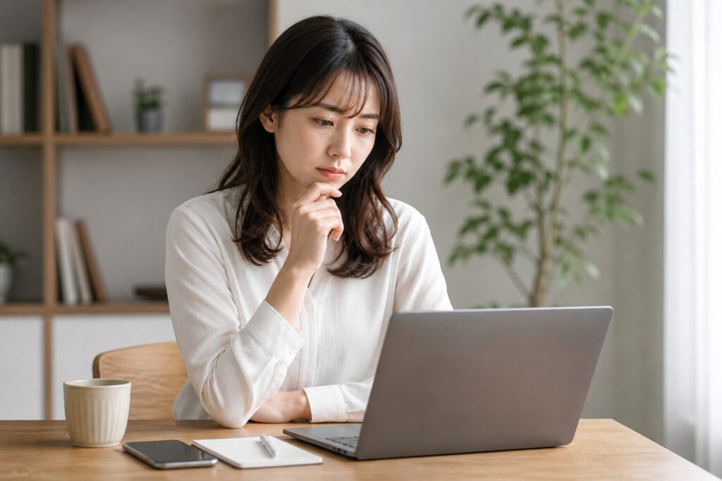 探偵事務所について情報を調べながら慎重に検討している女性の様子