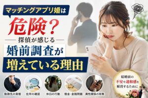 マッチングアプリで知り合った相手へ不安を抱えながらスマホを見る日本人女性と、背景で電話する男性の姿。結婚前に相手の素性や異性関係へ違和感を感じ、婚前調査への相談が増えている現代の不安を表現したアイキャッチ画像。
