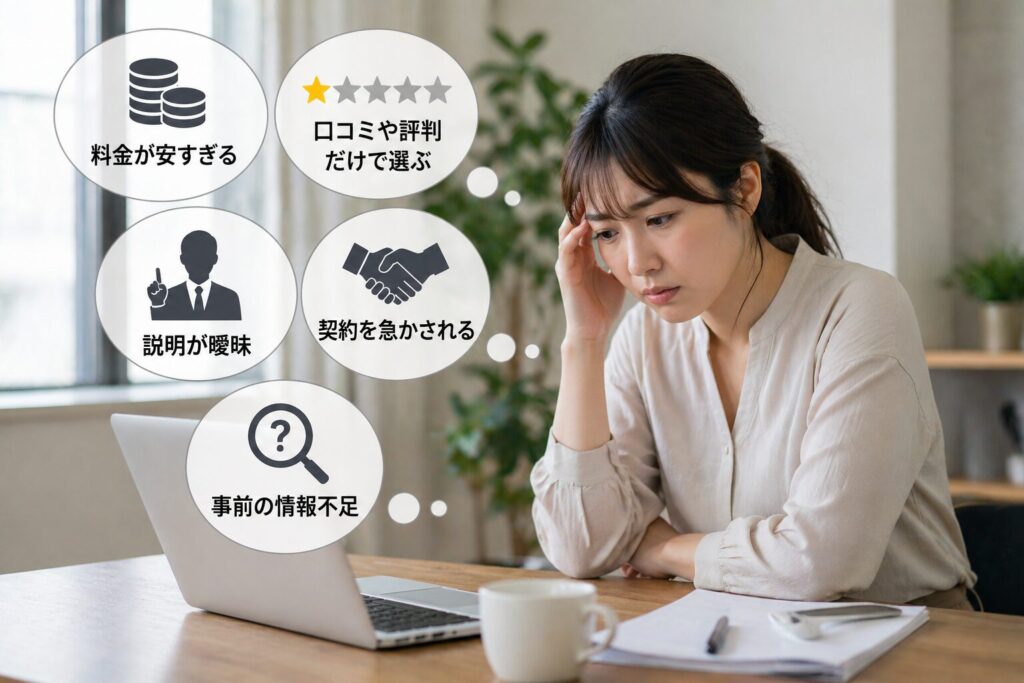 探偵事務所を探しながら料金や口コミなど複数の判断要素に悩んでいる女性の様子