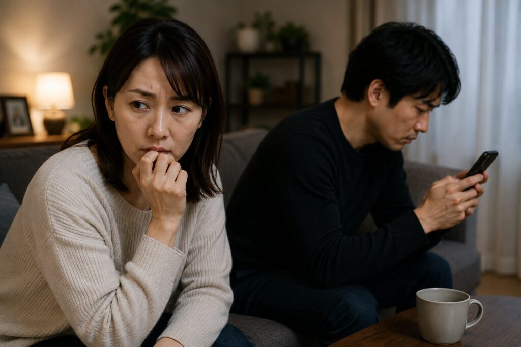 スマホを見つめる旦那の様子に不安を感じながら、悩み込む日本人女性の姿。旦那のスマホを見たい衝動と、浮気を疑うことで精神的に追い詰められていく夫婦間の緊張感を表現した写真風イメージ。