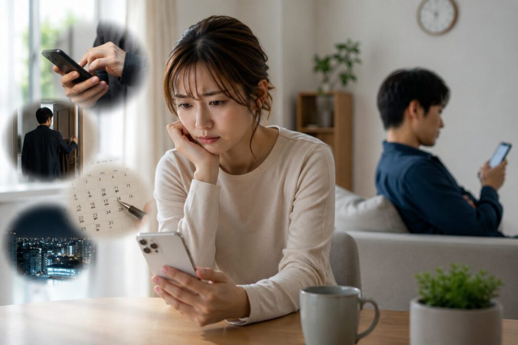職場やカフェ、スマートフォンでの連絡など、5月に増えやすい不倫関係のパターンをイメージした様子